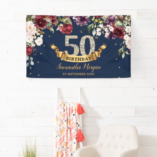 Bohemian boho bordeaux blos roze verjaardagsfeestj spandoek (Insitu)