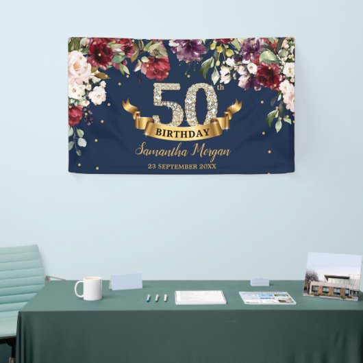 Bohemian boho bordeaux blos roze verjaardagsfeestj spandoek (Beurs)