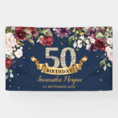 Bohemian boho bordeaux blos roze verjaardagsfeestj spandoek (Horizontaal)