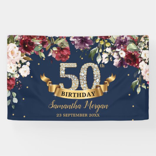 Bohemian boho bordeaux blos roze verjaardagsfeestj spandoek (Horizontaal)