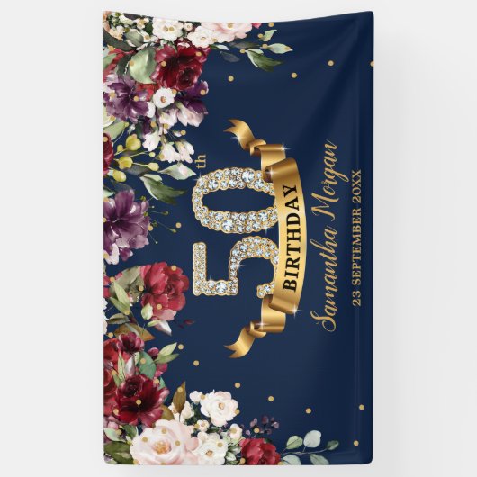 Bohemian boho bordeaux blos roze verjaardagsfeestj spandoek (Verticaal)