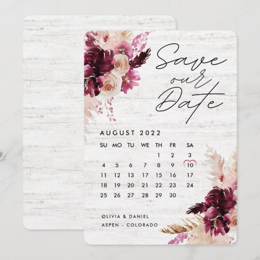 Bohemian Boho Burgundy Red Agenda bewaart de datum Kaart (Voorkant / Achterkant)