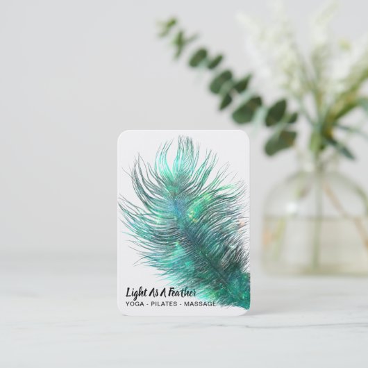 *~* Bohemian Boho Cosmic Emerald Feather Visitekaartje (Staand voorkant)