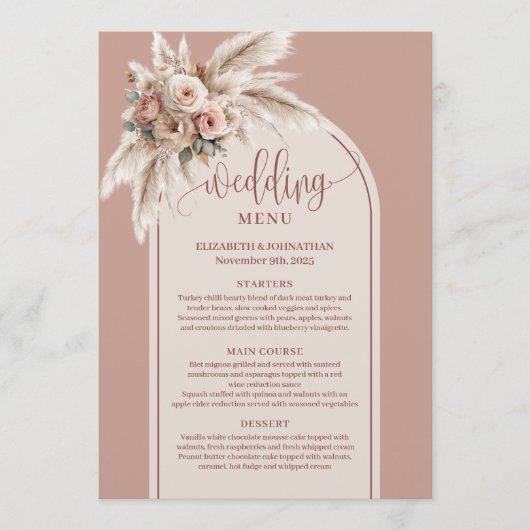 Bohemian Boho Dusty Rose Pampas Floral Wedding  Menu (Voorkant)