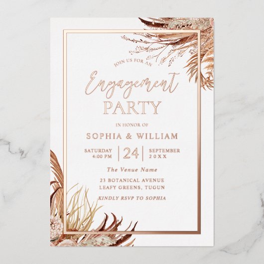 Bohemian Boho Engagement Party Roos Gold Folie Uitnodiging (Voorkant)