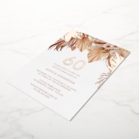 Bohemian Boho Floral 60e verjaardag Roos Gold Folie Uitnodiging (Gedraaid)