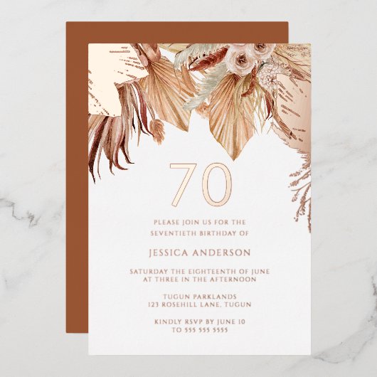 Bohemian Boho Floral 70e verjaardag Roos Gold Folie Uitnodiging (Voorkant / Achterkant)