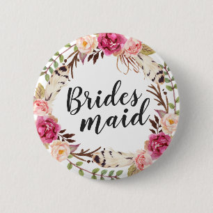 Bohemian Boho Floral Wreath Calligraphy Bridesmaid Ronde Button 5,7 Cm