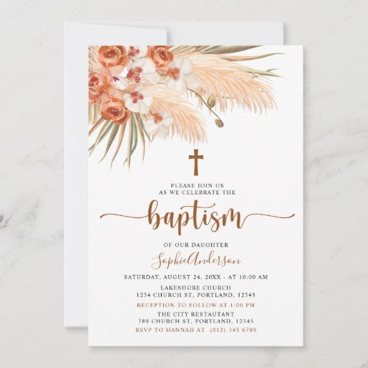 Bohemian boho Pampas Grass Baptisme Invitation Kaart (Voorkant)