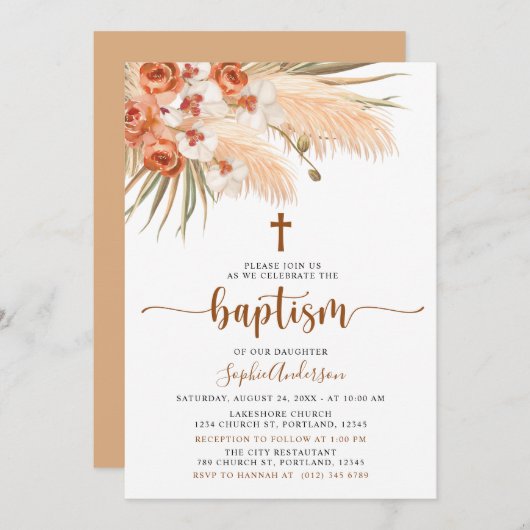 Bohemian boho Pampas Grass Baptisme Invitation Kaart (Voorkant / Achterkant)