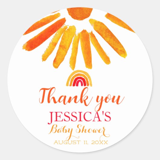 Bohemian Boho Rainbow Sun Baby shower Sinaasappel Ronde Sticker (Voorkant)