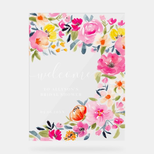 Bohemian bold floral waterverf bruids welkom acryl bord (Voorkant)