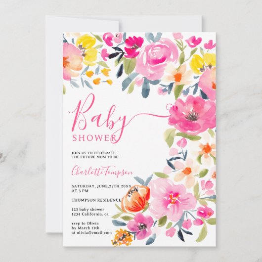 Bohemian bold floral waterverf roze baby shower kaart (Voorkant)
