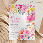 Bohemian bold floral waterverf roze baby shower kaart