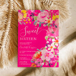 Bohemian bold floral waterverf roze Sweet 16 Kaart<br><div class="desc">Bohemian bold floral waterverf Sweet 16 verjaardagsuitnodiging met handgeschilderde felgekleurde bloemen roze,  sinaasappel,  geel en groen eucalyptusbladeren en indigo gebladerte met een modern script brush lettertype op heet neon roze. Perfecte bruidsuitnodiging voor de lente en de zomer,  voor het thema van het tuinfeest en openlucht.</div>