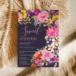 Bohemian bold floral waterverf roze Sweet 16 Kaart<br><div class="desc">Bohemian bold floral waterverf Sweet 16 verjaardagsuitnodiging met handgeschilderde felroze,  sinaasappel,  gele bloemen en groen eucalyptusbladeren en indigobladeren met een modern script brush lettertype op donkermarineblauw. Perfecte bruidsuitnodiging voor de lente en de zomer,  voor het thema van het tuinfeest en openlucht.</div>