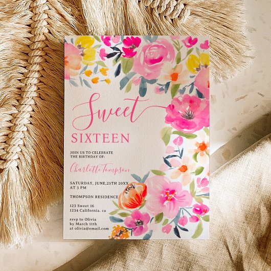 Bohemian bold floral waterverf roze Sweet 16 Kaart