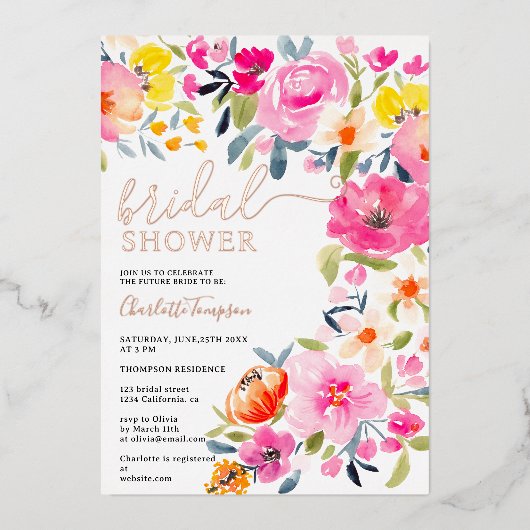 Bohemian bold floral waterverf vrijgezellenfeest folie uitnodiging (Voorkant)