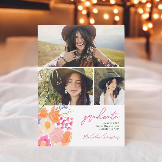 Bohemian bold wilde bloemen 3 foto's afstuderen aankondiging