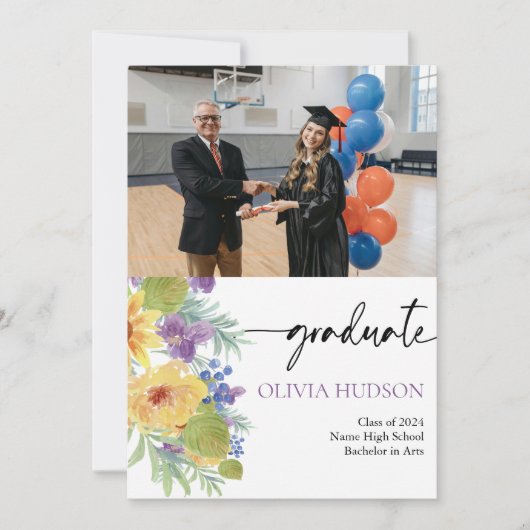 Bohemian bold wilde bloemen foto's chic afstuderen kaart (Voorkant)