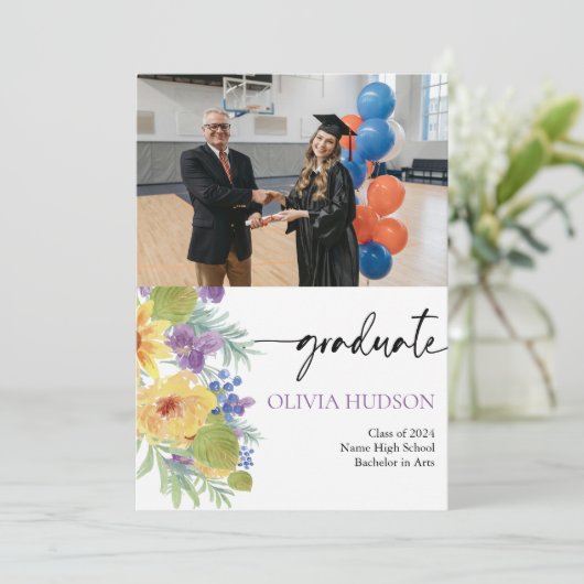 Bohemian bold wilde bloemen foto's chic afstuderen kaart (Staand voorkant)