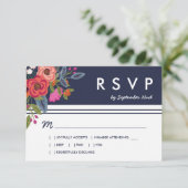 Bohemian Bouquet - Navy Blue & Coral Wedding RSVP (Staand voorkant)