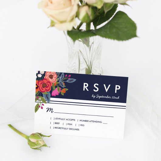 Bohemian Bouquet - Navy Blue & Coral Wedding RSVP