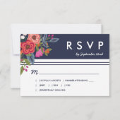 Bohemian Bouquet - Navy Blue & Coral Wedding RSVP Kaartje (Voorkant)