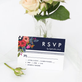 Bohemian Bouquet - Navy Blue & Coral Wedding RSVP Kaartje