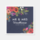 Bohemian Bouquet - Navy Blue Mr. & Mrs Wedding Servetten (Voorkant)