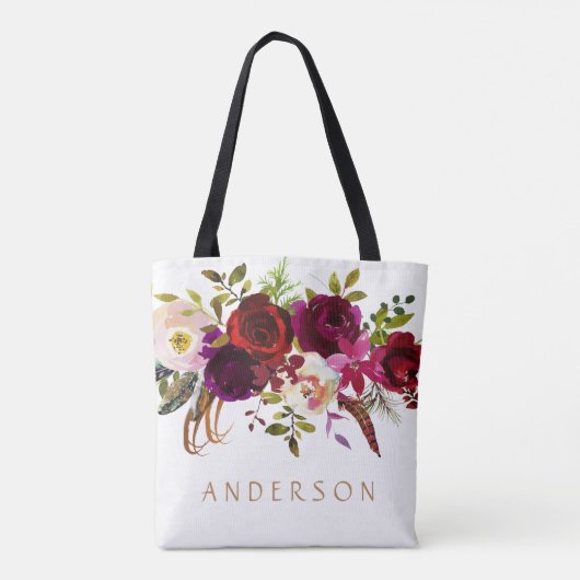 Bohemian Bourgondië Marsala Waterverf Bloemen Tote Bag (Achterkant)