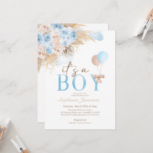 Bohemian Boy's Pampas Grass Baby shower Invitation Kaart (Voorkant / Achterkant in situ)