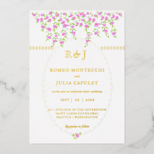 Bohemian Bright Pink Floral Front and Back Wedding Folie Uitnodiging