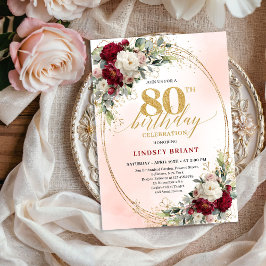Bohemian Burgundy Floral Milestone 80th Birthday  Kaart