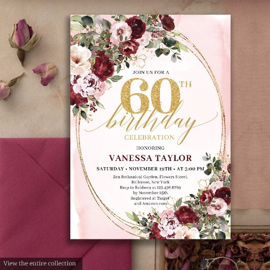 Bohemian Burgundy Gold Floral 60th Birthday Invite Kaart
