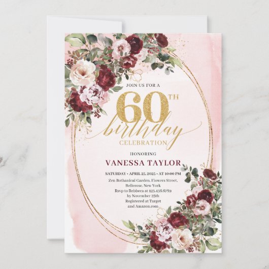 Bohemian Burgundy Gold Floral 60th Birthday Invite Kaart (Voorkant)