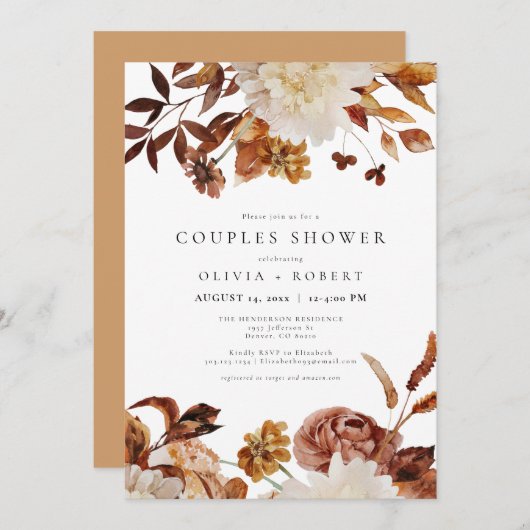 Bohemian Burnt Oranje Herfst Floral Couples Shower Kaart (Voorkant / Achterkant)