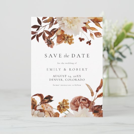Bohemian Burnt Oranje Herfst Floral Save the Date Kaart (Staand voorkant)