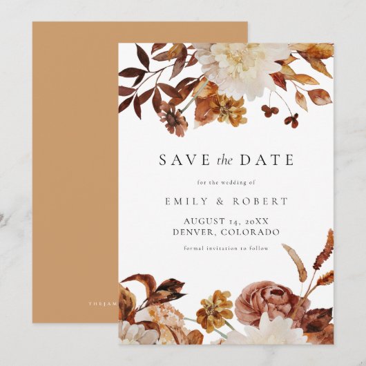 Bohemian Burnt Oranje Herfst Floral Save the Date Kaart (Voorkant / Achterkant)