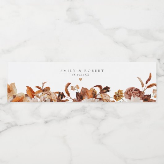 Bohemian Burnt Oranje Herfst Floral Wedding Waterfles Etiket (Enkel label)