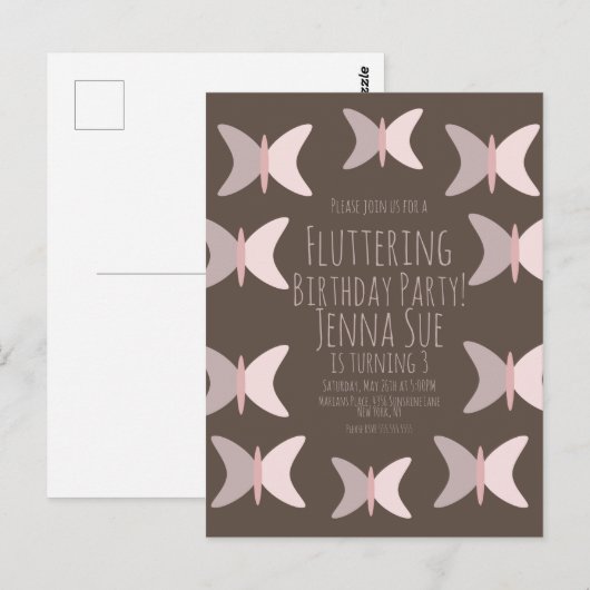 Bohemian Butterfly Pastel Pink Birthday Uitnodigin Briefkaart (Voorkant / Achterkant)