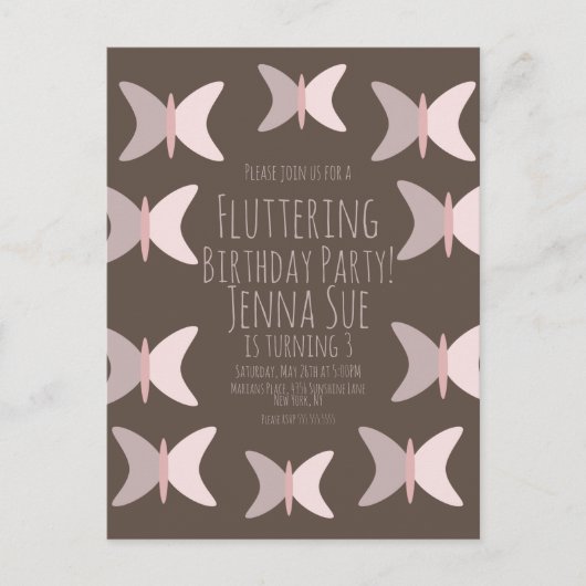Bohemian Butterfly Pastel Pink Birthday Uitnodigin Briefkaart (Voorkant)