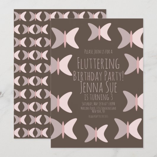 Bohemian Butterfly Pastel Pink Birthday Uitnodigin Kaart (Voorkant / Achterkant)