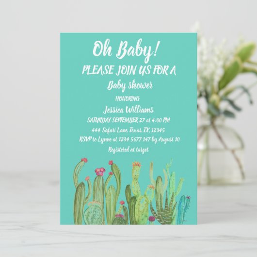 Bohemian Cactus Green Boy Girl Waterverf Baby Kaart (Staand voorkant)