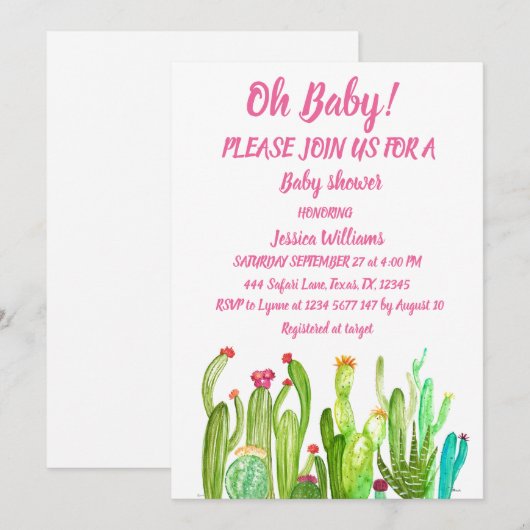 Bohemian Cactus Pink Boy Girl Waterverf Baby Kaart (Voorkant / Achterkant)