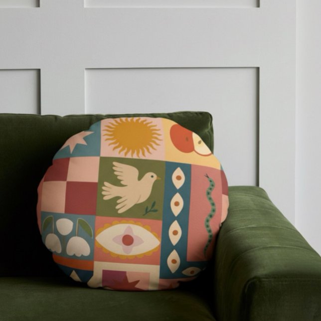 Bohemian Celestial Patchwork with Mystical Symbols Rond Kussen (Creator heeft geüpload)