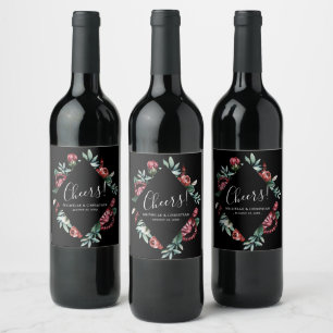 Bohemian Cheers Zwart Rood Rozen Bruiloft Wijn Lab Etiket
