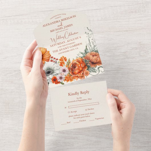 Bohemian Chic Bloemen Terracotta Bruiloft All In One Uitnodiging (Afscheurbaar)