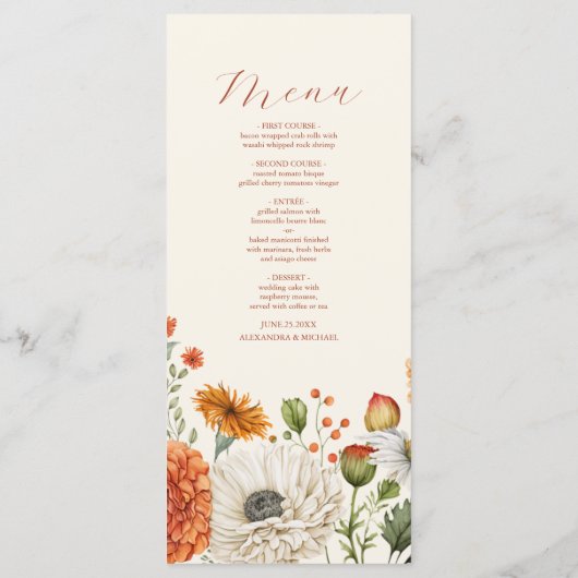 Bohemian Chic Bloemen Terracotta Bruiloft Menu (Achterkant)