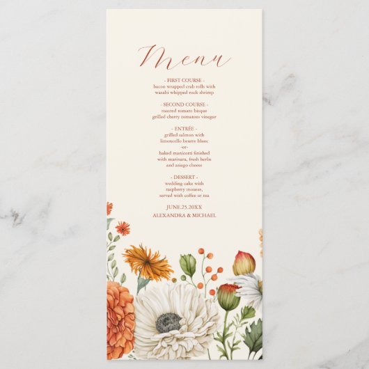 Bohemian Chic Bloemen Terracotta Bruiloft Menu (Voorkant)